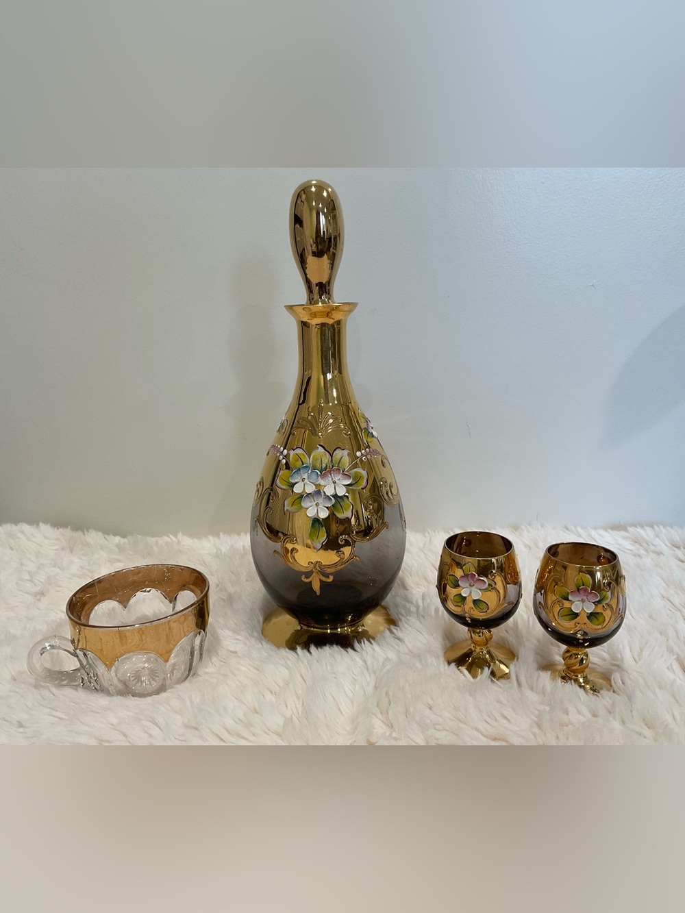 Amber Glass Decanter Set with Hand-Painted Floral Design